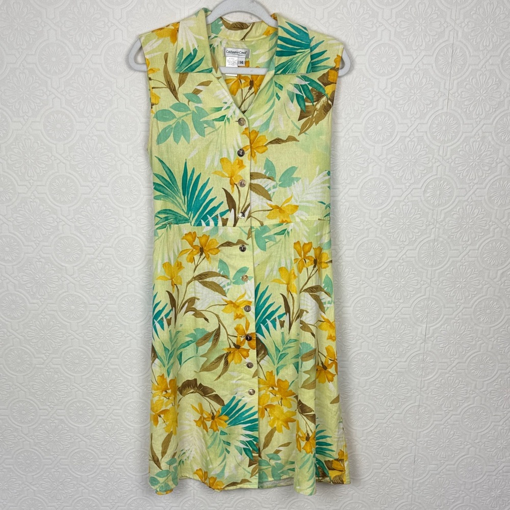 Coldwater Creek Linen Blend Tropical Floral‎ Button Front Dress Size 14